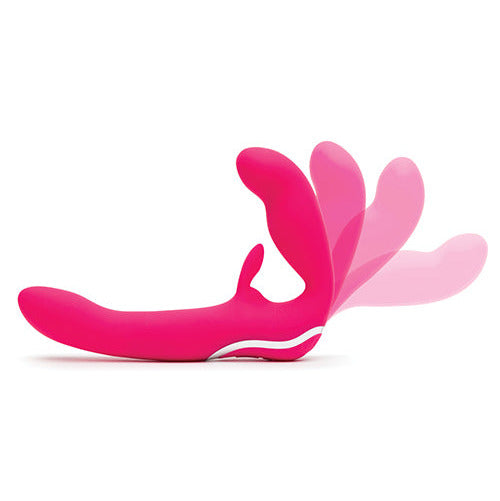 The Happy Rabbit Strapless Strap on Rabbit with multiple images superimposed overtop of it, showcasing how the insertable wearer portion can bend to best accommodate the wearer's body. | Kinkly Shop