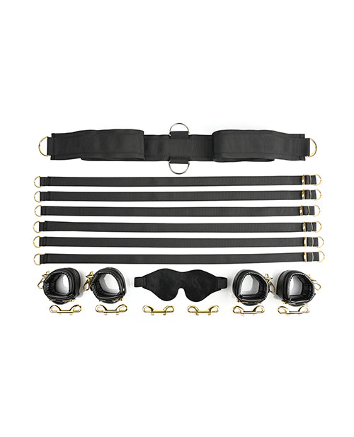 Everything included with the Sportsheets Under The Bed Restraint System - Special Edition. This includes the center, under-the-bed trap, six tethers, four faux leather, cuffs, six double-ended gold clips, and a velvet blindfold. | Kinkly Shop