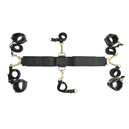 The Sportsheets Under The Bed Restraint System - Special Edition laid flat in front of a plain white background, showcasing the design of the full six bondage straps. | Kinkly Shop