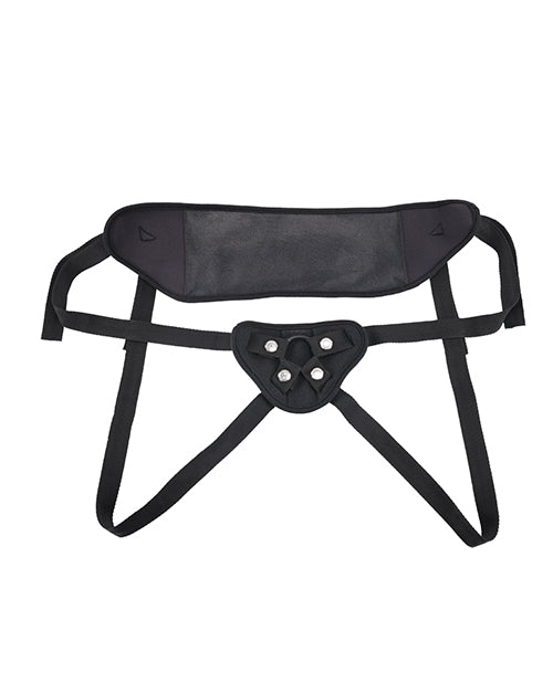 The Sportsheets Breathable Mesh Harness laid flat on a plain white surface. The harness has a very wide, padded back panel with a smaller, padded front panel. It's a jock-strap style harness. | Kinkly Shop