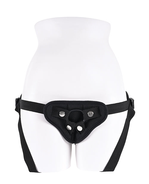 The Sportsheets Breathable Mesh Harness worn on a mannequin. It has full coverage in the front, worn low on the hips, with adjustable hip straps via the nylon straps and adjustable strap buckles. | Kinkly Shop