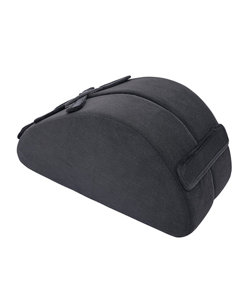 Side view of the Sportsheets Pivot Convertible Toy Mount cushion shows how the toy mount has a half-moon design when the flat side is placed against the ground. | Kinkly Shop