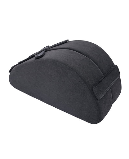 Side view of the Sportsheets Pivot Convertible Toy Mount cushion shows how the toy mount has a half-moon design when the flat side is placed against the ground. | Kinkly Shop