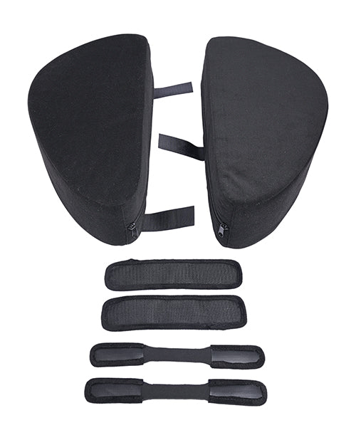 Everything included with the Sportsheets Pivot Convertible Toy Mount. There's the two triangular foam pieces, two velcro straps, and two velcro twistable straps. | Kinkly Shop
