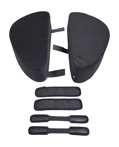 Everything included with the Sportsheets Pivot Convertible Toy Mount. There's the two triangular foam pieces, two velcro straps, and two velcro twistable straps. | Kinkly Shop