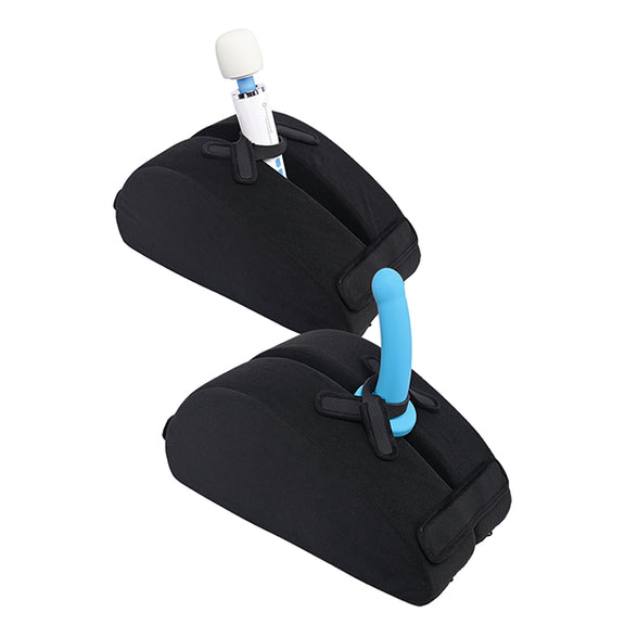 Two images of the Sportsheets Pivot Convertible Toy Mount shown next to one another. In one, a wand massager is held upright by help of the Sportsheets Pivot Convertible Toy Mount. In the second, a flared base dildo is held upright with help of the Sportsheets Pivot Convertible Toy Mount. | Kinkly Shop
