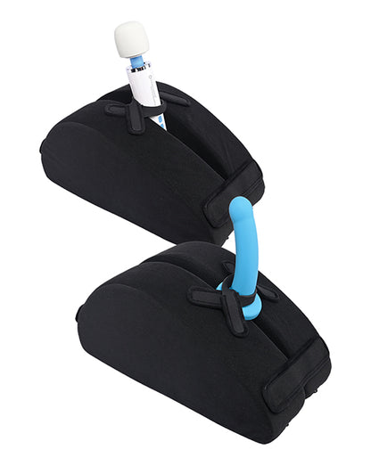 Two images of the Sportsheets Pivot Convertible Toy Mount shown next to one another. In one, a wand massager is held upright by help of the Sportsheets Pivot Convertible Toy Mount. In the second, a flared base dildo is held upright with help of the Sportsheets Pivot Convertible Toy Mount. | Kinkly Shop