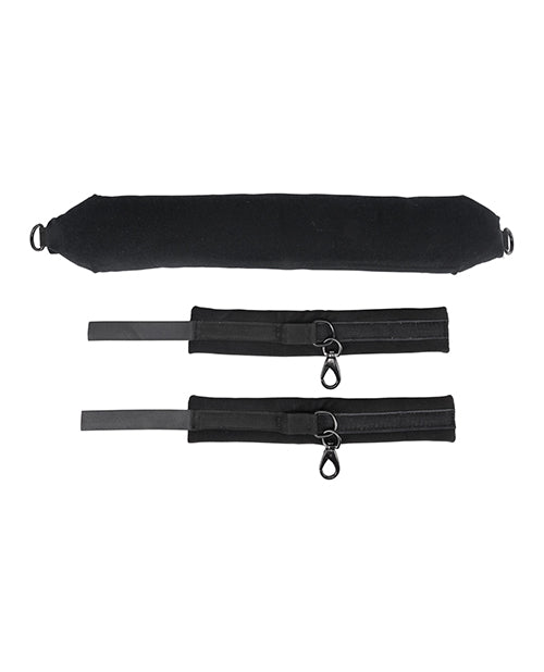 Everything included in the Sportsheets Pivot Positioning Bar. There's the bar itself with D-rings as well as two Velcro-fastening cuffs. | Kinkly Shop