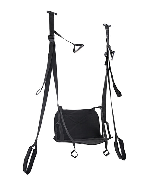 The Sportsheets Pivot Deluxe Door Jam Sex Sling shown how it would hang with the door photoshopped out of the photo. The swing has a literal "seat" to sit in with two hand handles as well as two feet stirrupts for comfort. | Kinkly Shop