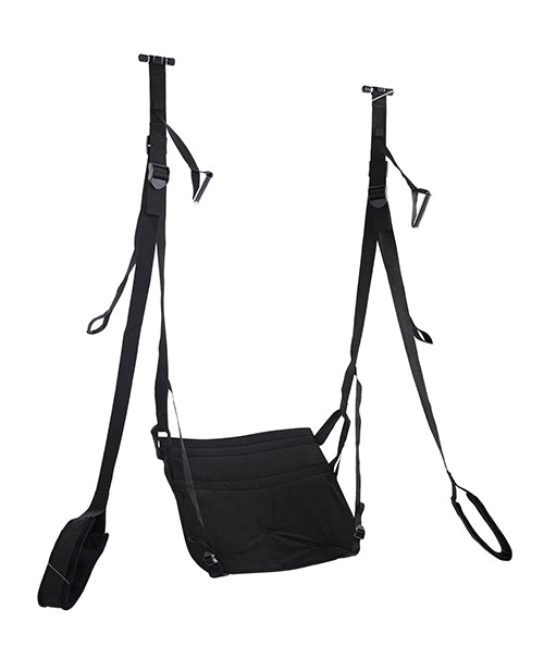 The Sportsheets Pivot Deluxe Door Jam Sex Sling shown hanging while the "seat" is folded into a plain flat rest instead of a seat and backrest design. | Kinkly Shop