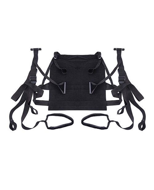 The Sportsheets Pivot Deluxe Door Jam Sex Sling laying on the floor, showcasing how it can fold into a small pile for easier storage. | Kinkly Shop