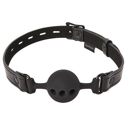 Sportsheets Saffron Breathable Ball Gag in front of a plain white background. The ball itself has three holes in it to make it easier to breathe through. | Kinkly Shop