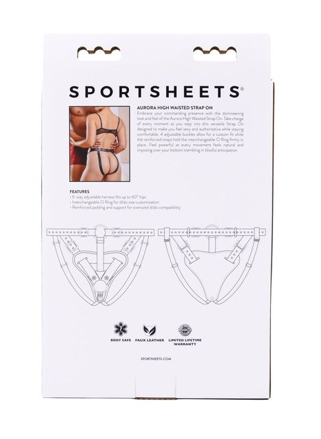 Backside of the packaging of the Sportsheets Aurora High Waisted Harness | Kinkly Shop