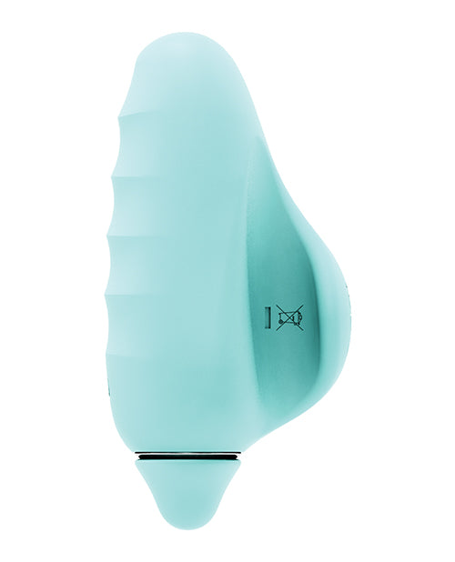 Side view of the VeDo Vivi Finger showcases the rippled texture along the usable side of the vibrator. It would provide a bit of extra stimulation when rubbed on the skin. | Kinkly Shop