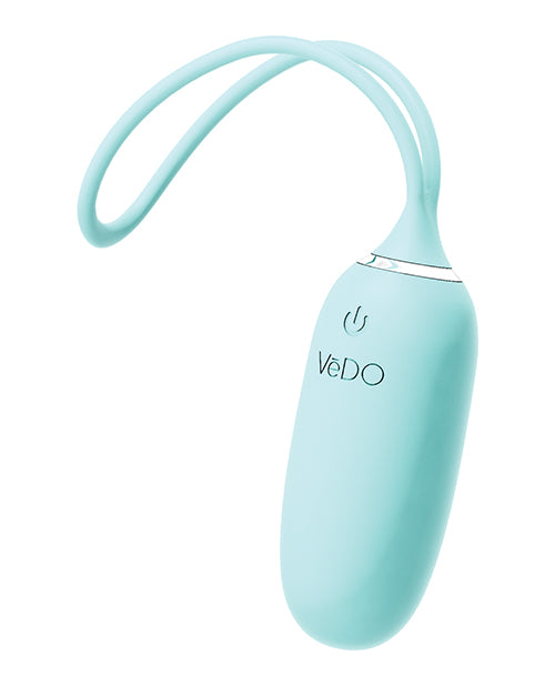 Close-up on the VeDO Kiwi insertable vibrator. The silicone "tail" loop is bent sideways, showcasing how flexible and comfortable the soft, movable material of the tail is. | Kinkly Shop