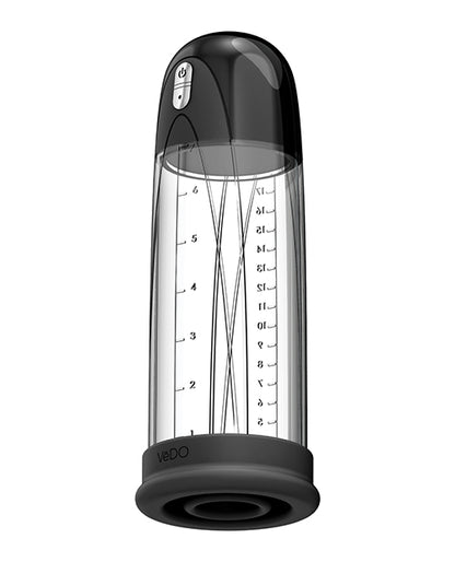 The VeDO Pump Rechargeable in front of a plain white background. The pump cylinder is clear, allowing you to see the measurements printed on the sides of the chamber for easy progress viewing. | Kinkly Shop