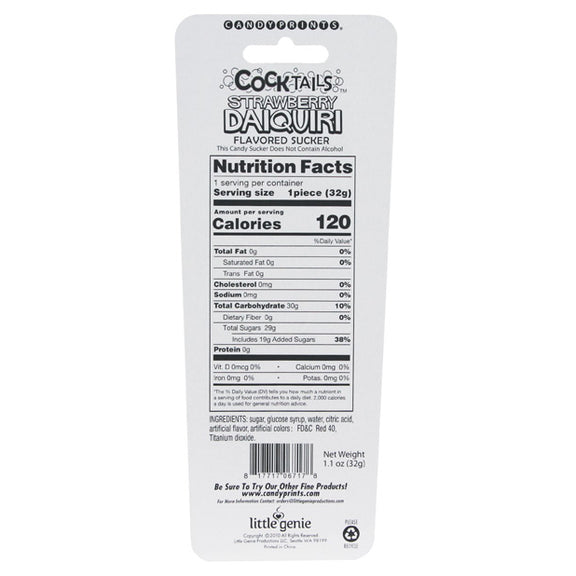 Nutritional information panel for the Cocktails Flavored Sucker. Each sucker has 120 calories. | Kinkly Shop