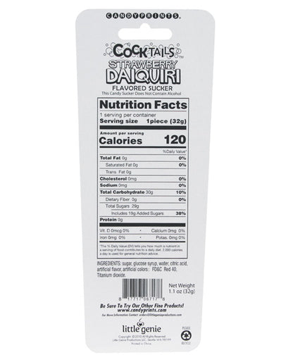 Nutritional information panel for the Cocktails Flavored Sucker. Each sucker has 120 calories. | Kinkly Shop