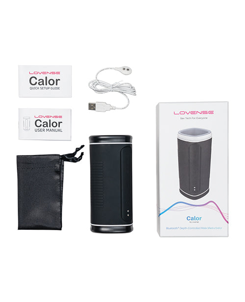 Everything that comes with the Lovense Calor. There's the quick setup guide, the user manual, the charging cable, the drawstring bag, and the Lovense Calor itself. | Kinkly Shop