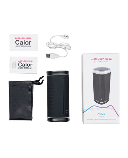 Everything that comes with the Lovense Calor. There's the quick setup guide, the user manual, the charging cable, the drawstring bag, and the Lovense Calor itself. | Kinkly Shop