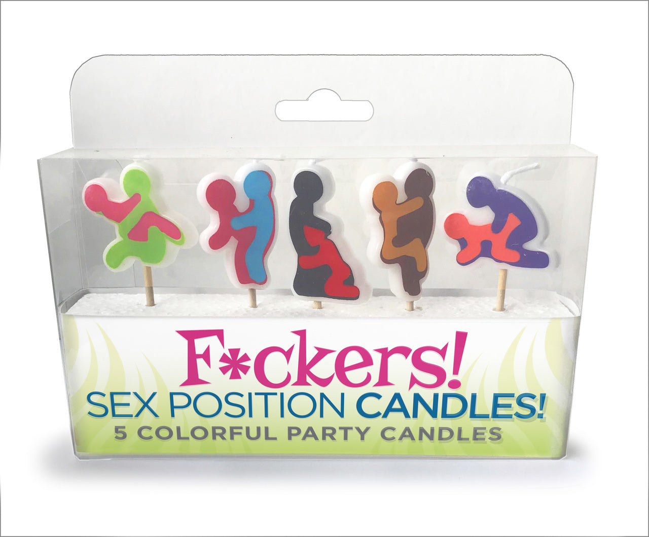 The 5 included F*ckers Sex Position Candles inside of their retail packaging. | Kinkly Shop