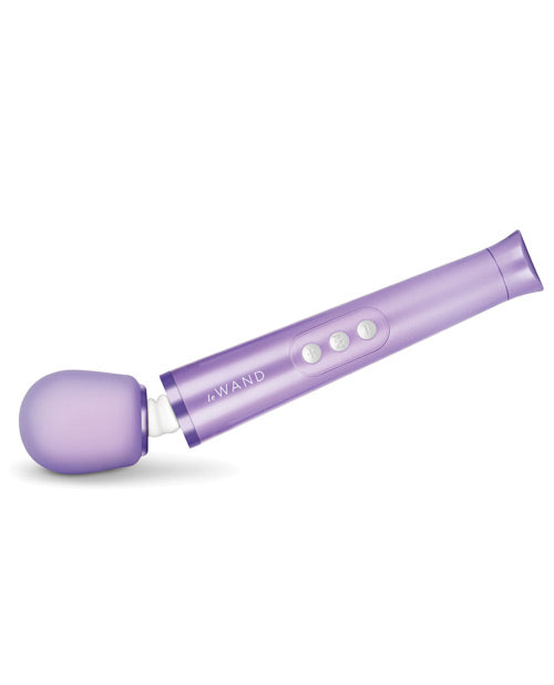 Pressure is applied to the head of the Le Wand Petite Rechargeable Violet, showcasing the very bendable head that the wand massager is equipped with. | Kinkly Shop