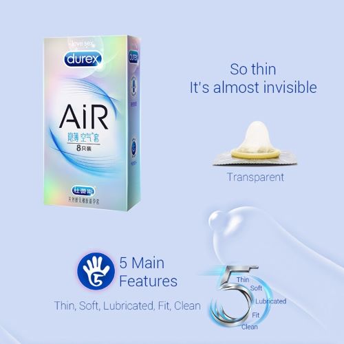 Collage of features of the Durex Air Condoms. It's so thin, it's almost invisible. It has 5 main features: thin, soft, lubricated, fit, clean. | Kinkly Shop