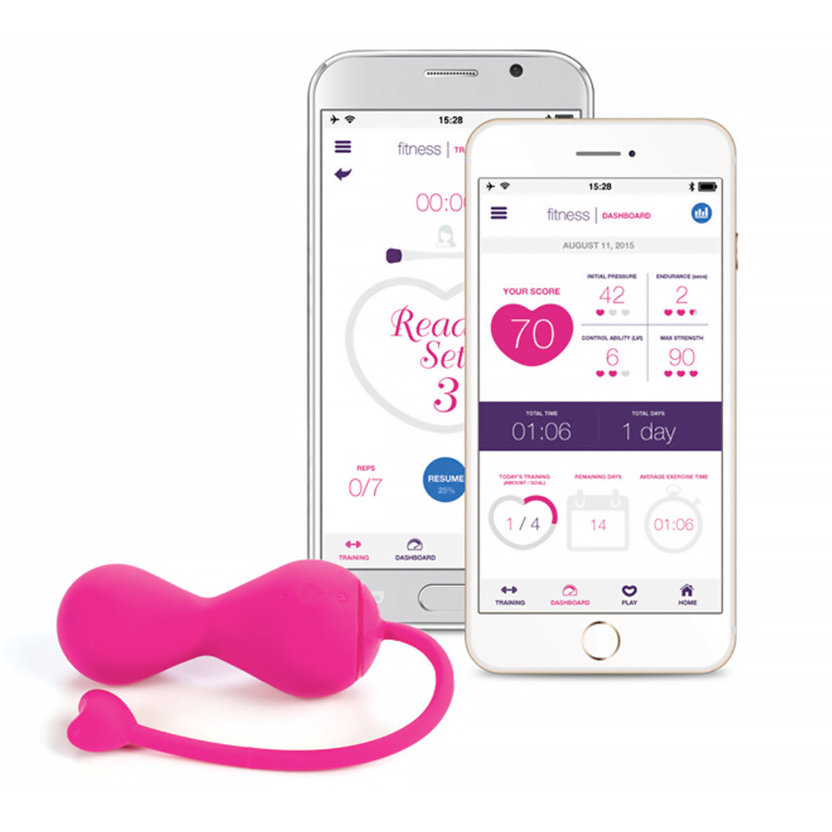 The Lovelife Krush in pink in front of two cell phones, both open to different pages of the included, free app that's compatible with the vibrator. | Kinkly Shop