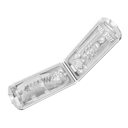 The white Tenga Flip Hole spread open, showcasing all of the various texturing all of the interior of the stroker. | Kinkly Shop