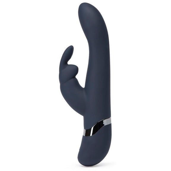 Side view of the Fifty Shades Darker: Oh My showcases the lightly curved g-spot tapered tip with the bunny ear style clitoral vibrator | Kinkly Shop