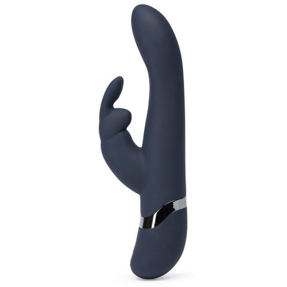 Side view of the Fifty Shades Darker: Oh My showcases the lightly curved g-spot tapered tip with the bunny ear style clitoral vibrator | Kinkly Shop