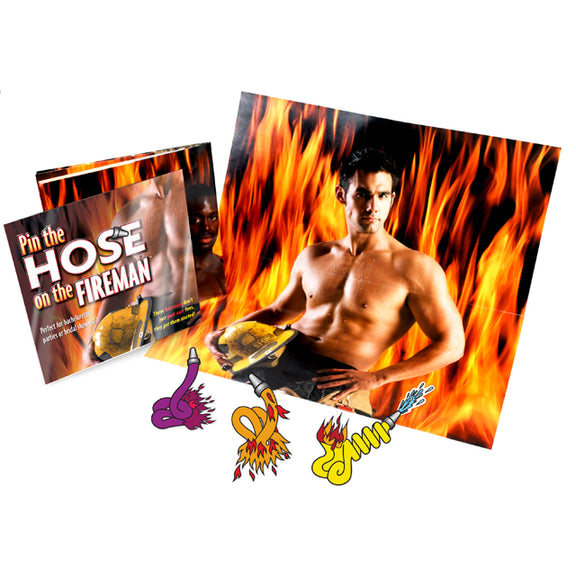 Everything included with the Pin The Hose On The Fireman including hose "stickers" as well as the shirtless fireman poster that goes on the wall as the basis of the game. | Kinkly Shop