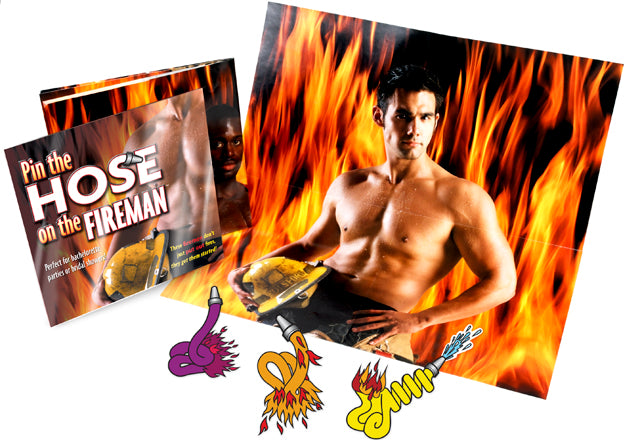 Everything included with the Pin The Hose On The Fireman including hose "stickers" as well as the shirtless fireman poster that goes on the wall as the basis of the game. | Kinkly Shop