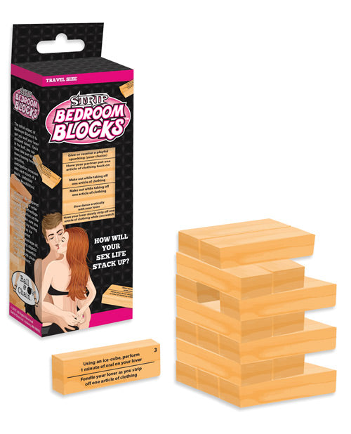 The tower of Strip Bedroom Blocks shown being built in front of the packaging that houses all of the blocks. | Kinkly Shop