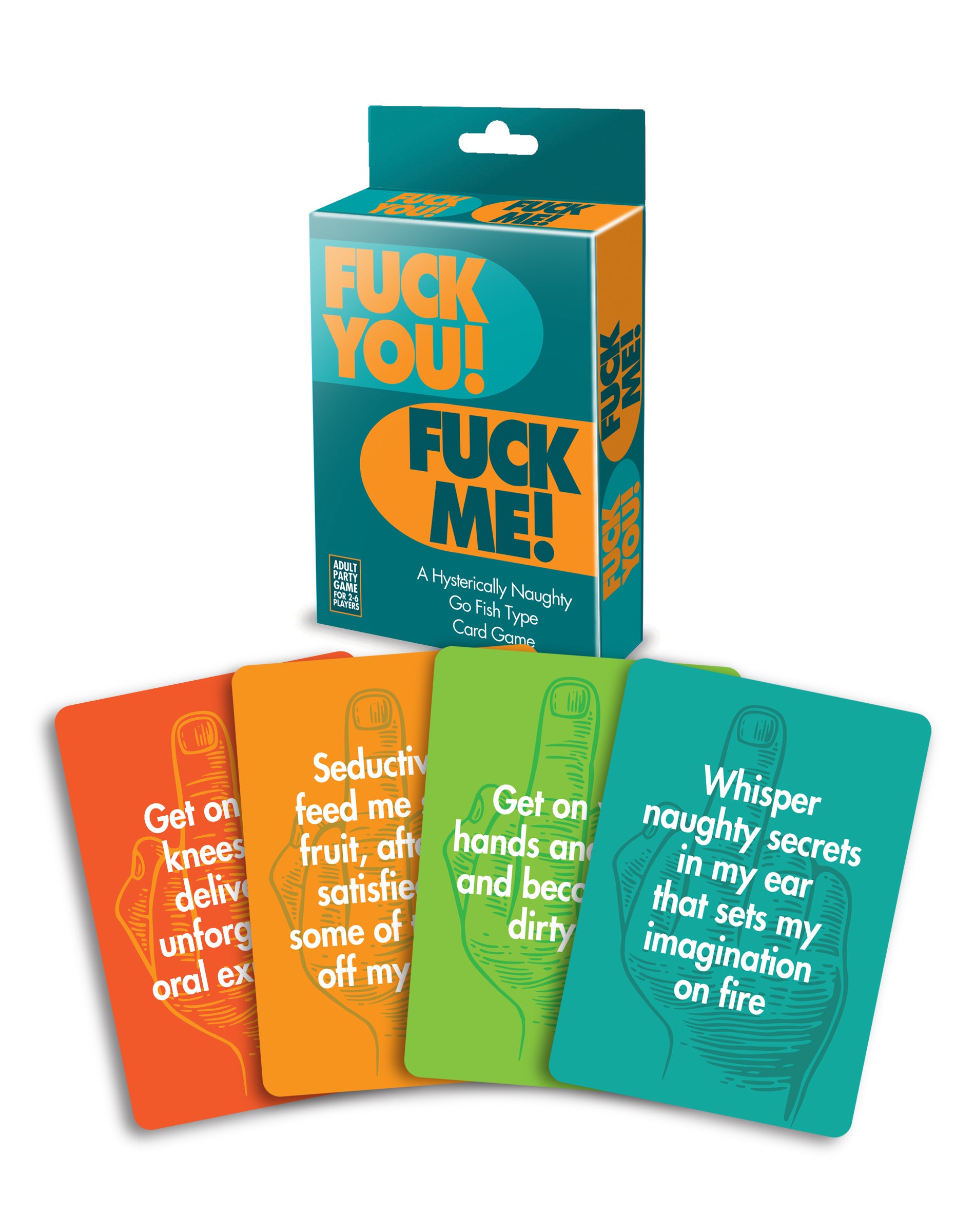 Some example cards from F*ck You, F*ck Me shown in front of the card-sized box the cards are stored in | Kinkly Shop