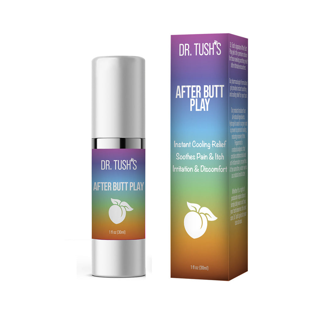 The Dr. Tush's After Butt Play in rainbow coloration shown next to the cardboard packaging it comes in | Kinkly Shop