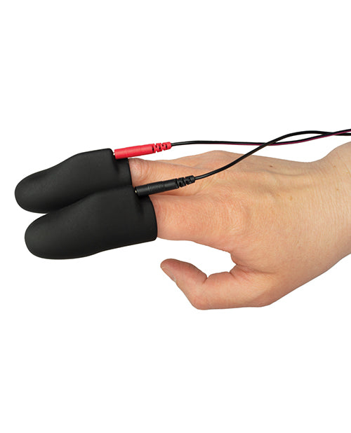 The two ElectraStim Explorer Electro Finger Sleeves shown worn on a person's fingers. There is a cord protruding out the base of each finger sleeve to power its electrosex functionalities. | Kinkly