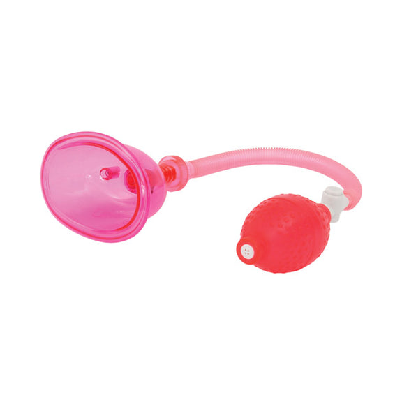 The Doc Johnson Pussy Pump laying on its side. The vulva cup is oval-shaped, the connecting hose is ribbed for easier bending, and the inflation bulb is oval-shaped. | Kinkly Shop