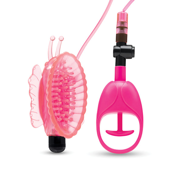 Lux Fetish Vibrating Butterfly Pussy Pump shown next to the pump and valve used to power the suction | Kinkly Shop