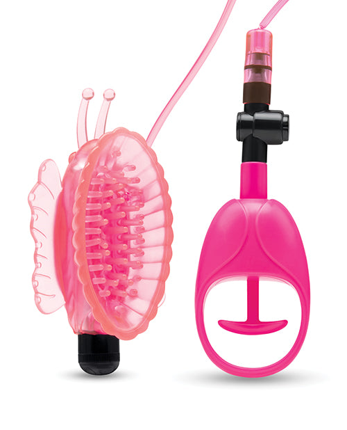 Lux Fetish Vibrating Butterfly Pussy Pump shown next to the pump and valve used to power the suction | Kinkly Shop