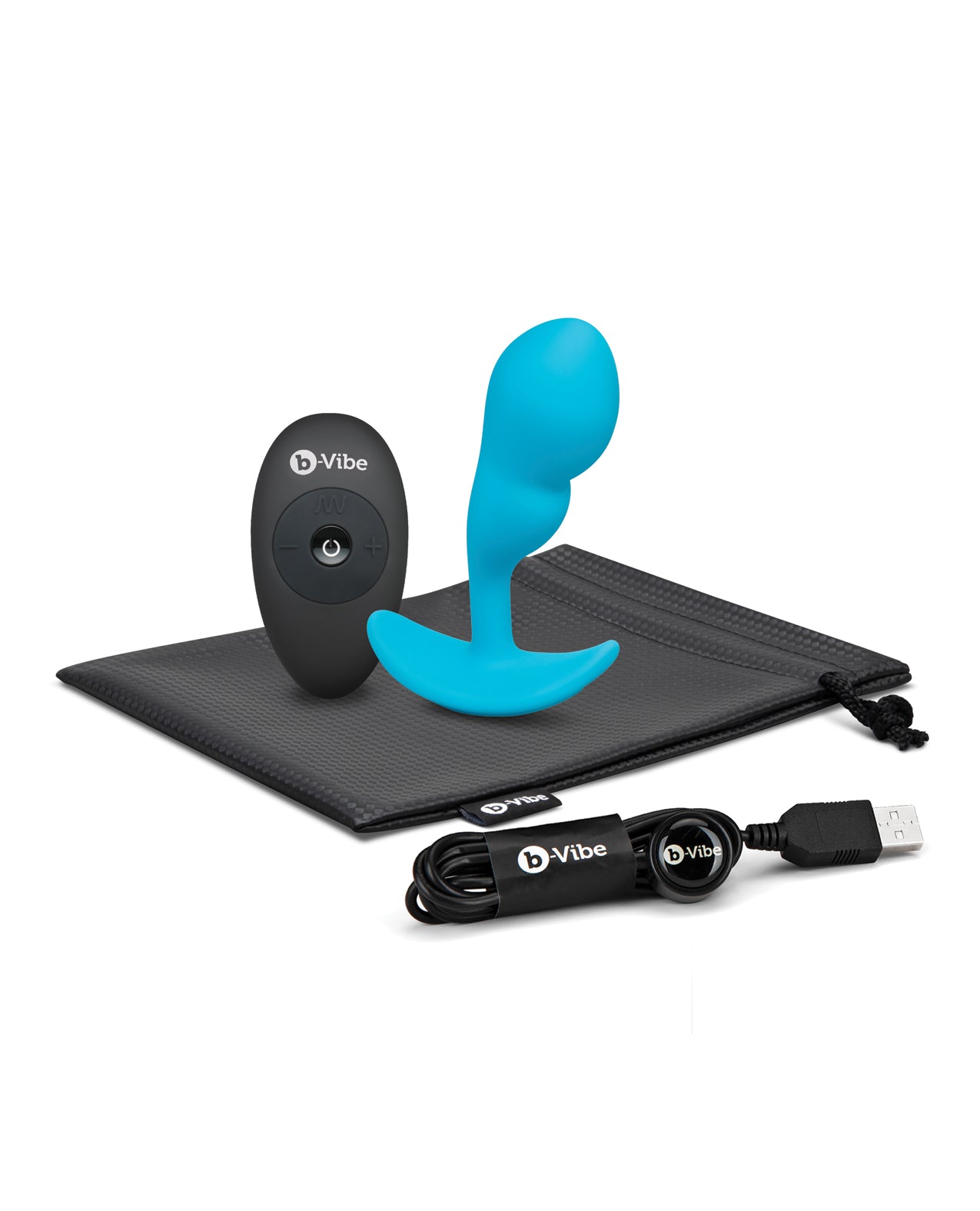 The B-Vibe Remote Control P-Spot Snug Plug and everything it comes with including a storage bag, a remote control, and the charging cable. | Kinkly Shop