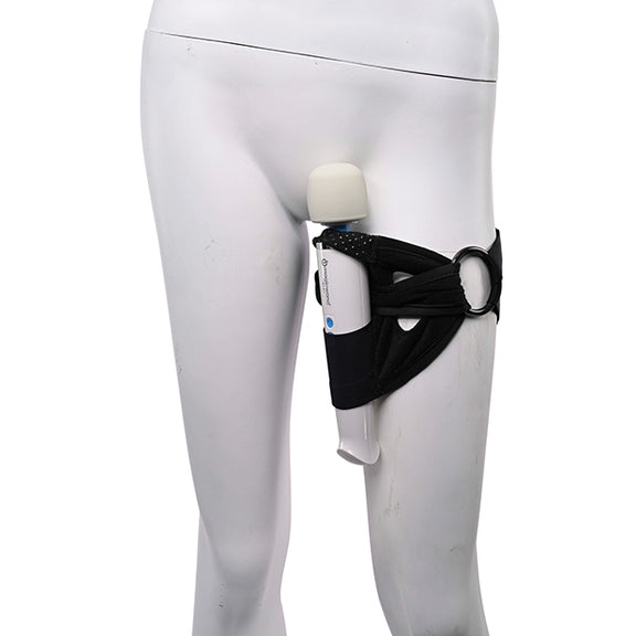 A mannequin wears the Pivot 2-in-1 Forced-O Strap on their thigh. The head of the wand massager is held between the person's legs while they wear it. | Kinkly Shop