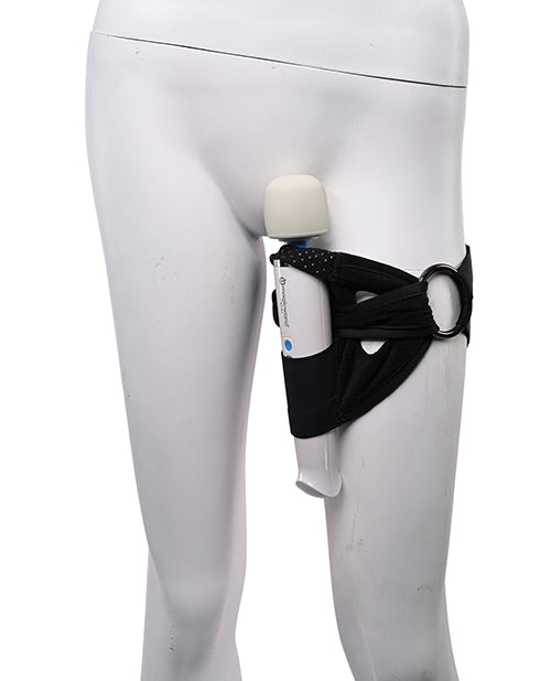 A mannequin wears the Pivot 2-in-1 Forced-O Strap on their thigh. The head of the wand massager is held between the person's legs while they wear it. | Kinkly Shop