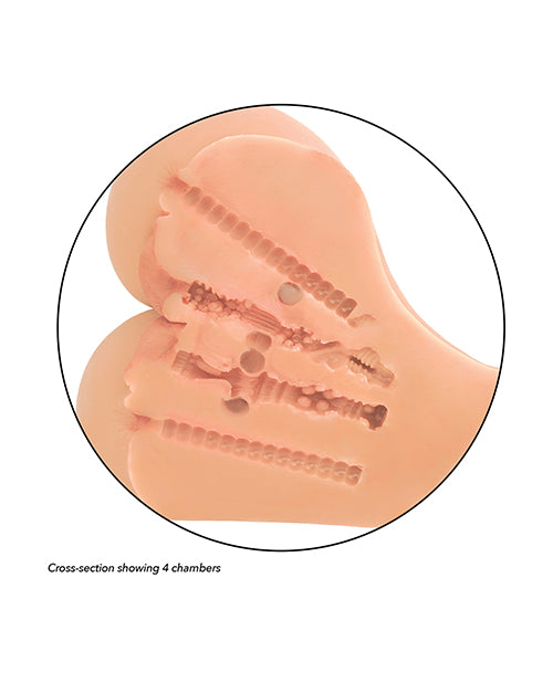 Cross-section of the Stroke It Double Fuck showcasing the four different internal textures that make up the two anal entrances and two vaginal entrances. You choose where you want to play! | Kinkly Shop