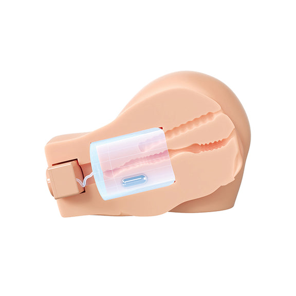 Cross-section of the Back That Ass Up Automatic Mega Masturbator showcases the two different tunnels inside. These two tunnels are also shown surrounded by the air suction motor and the vibrator built right into the stroker's material itself. | Kinkly Shop