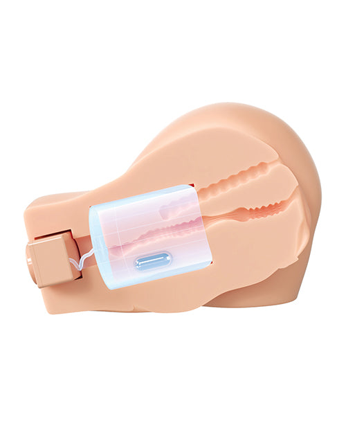 Cross-section of the Back That Ass Up Automatic Mega Masturbator showcases the two different tunnels inside. These two tunnels are also shown surrounded by the air suction motor and the vibrator built right into the stroker's material itself. | Kinkly Shop