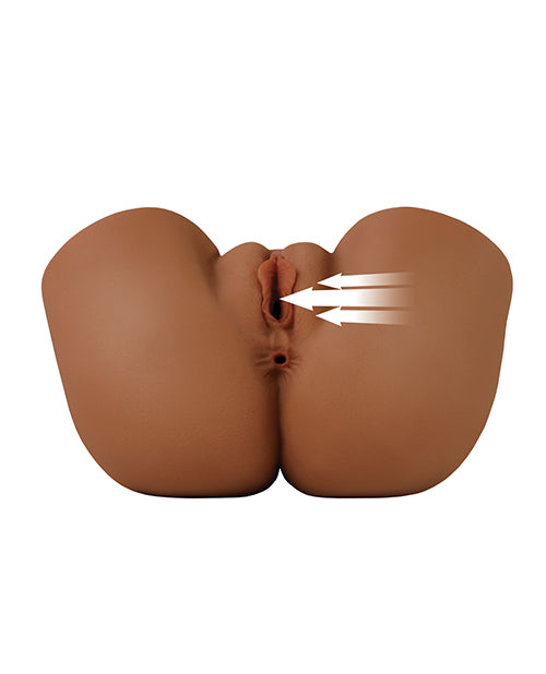 The Back That Ass Up Automatic Mega Masturbator lays on its back, showing the vulva and anal entrance to the camera. Arrows are drawn overtop of the vulva to showcase the suction design of the tunnels. | Kinkly Shop