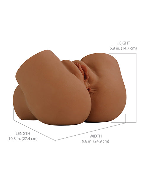 The Back That Ass Up Automatic Mega Masturbator with all of the measurements written overtop of the doll. It's 9.8" wide with a depth of 10.8" and a height of 5.8" | Kinkly Shop