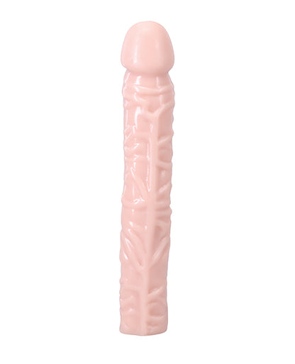 Classic 10" Dong from a top-down view. The dildo is extremely over-the-top veiny with a very pronounced head. It is very straight with no curve to it. | Kinkly Shop