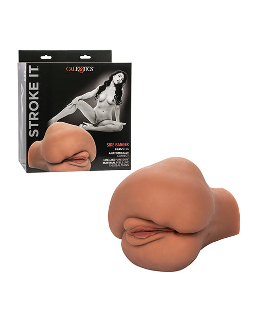 Stroke It Side Banger in Brown shown next to its packaging | Kinkly Shop